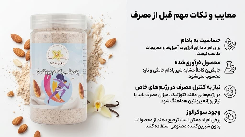 معایب احتمالی و نکات مهم که قبل از مصرف پودر شیر بادام پروتئینی باید بدانید