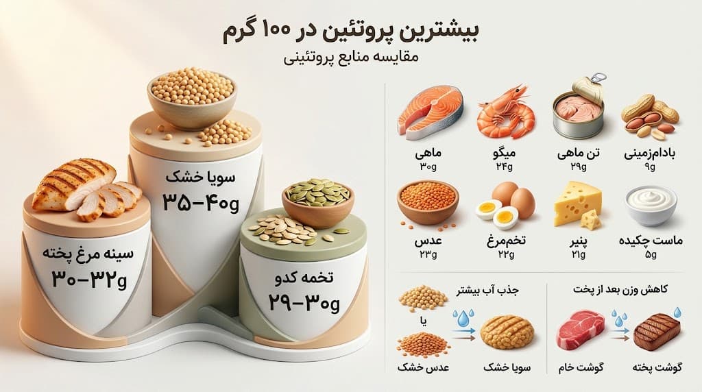 بیشترین پروتئین را در حجم 100 گرم