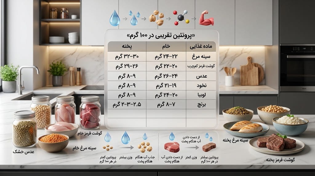 مقایسه پروتئین مواد غذایی قبل و بعد از پخت